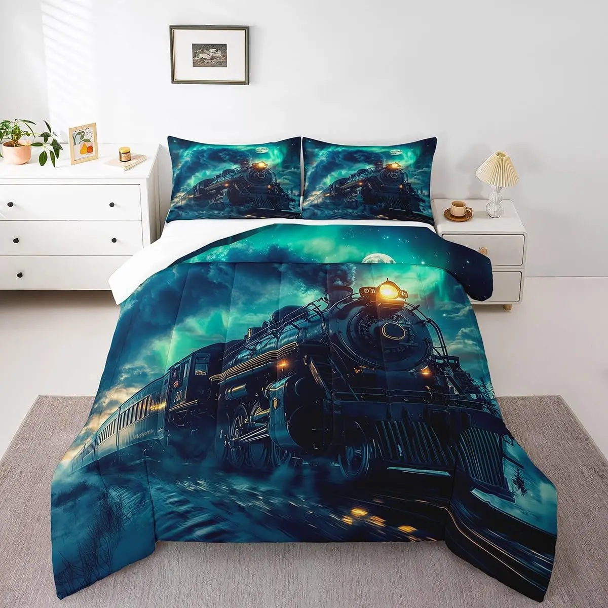 Feelyou Queen Size Kids' Vintage Railroad Track Train Car Down Comforter Set - Retro Locomotive Microfiber Bedding, U-Stitching, Breathable Material Duvets & Sets, Machine Washable, RV/Guest Room Decor for Boys, Vintage Steam Engine Design, Kids Sheet