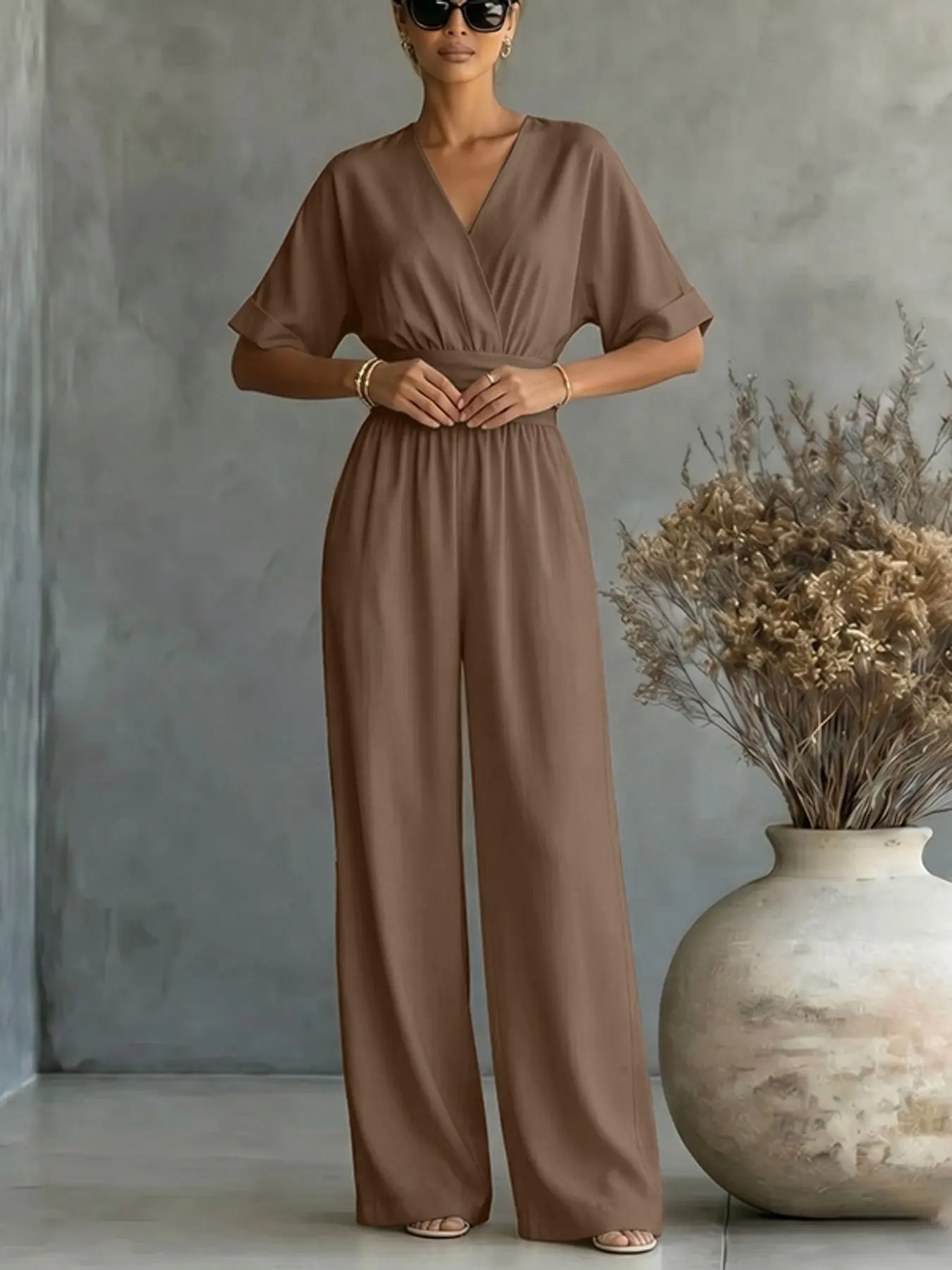 ZANZEA Women's V-Neck 3/4 Sleeve Jumpsuit, Chic Jumpsuits, Loose-Fitting Long Pants with Pockets and Belt, Casual European Chic Minimalist Style for Daily Wear