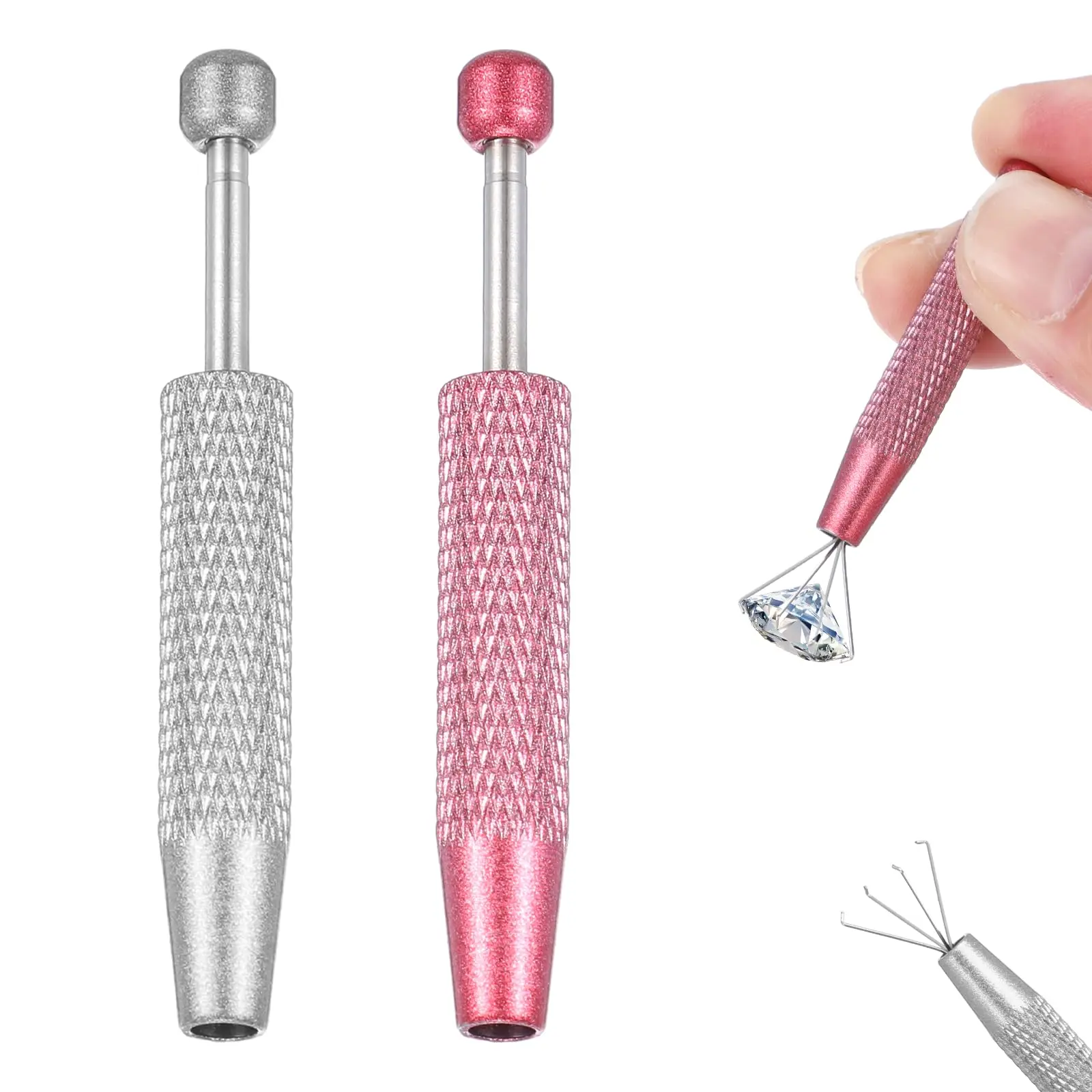 Piercing Ball Grabber Tool 2 Pcs , Mini Grabber Pen Stainless Steel 4 Prongs Claw Tweezers Piercing Ball Holder Jeweler Pick up Tool Small Parts Pickup Grabber for Jewelry Craft(Pink, Silver).ms