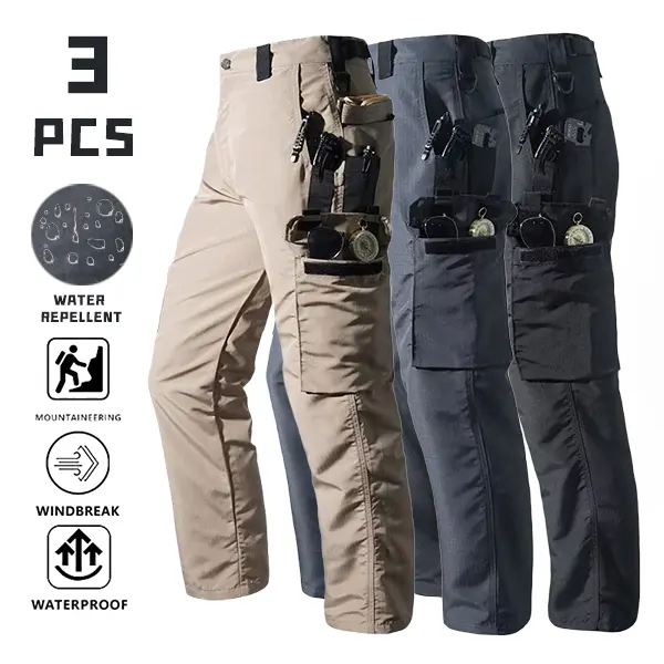Men’s 3-Pack Waterproof Multi-Pocket Tactical Cargo Pants — Windproof Straight-Leg Functional Hiking Workwear Pants