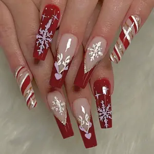 Snowflake & Elk Pattern Long Fake Nails with 1 Nail File & 1 Sticker Sheet & 1 Stick, False Nails for Women & Girls DIY Nail Art, 24pcs Effortless Press On Nails Manicure Set