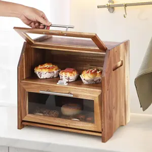 Garvee Double-Layered Bread Box Made from Acacia Wood with Transparent Acrylic Door and Ventilation Slots, Rustic Bread Storage Container for Homemade Bread, Bagels, Muffins (Brown)