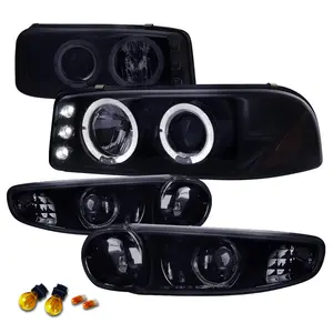 2001-2006 Yukon + XL Denali/ 2002-2006 Sierra Denali Dual Halo Projector Headlight Assemblies w/ Bumper Lights (Glossy Black Housing/Smoke Lens) Automotive