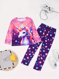 Round Neck Long Sleeve Pajama Set, Unicorn Print, Soft Comfortable Home Wear, 2-Piece, All Seasons