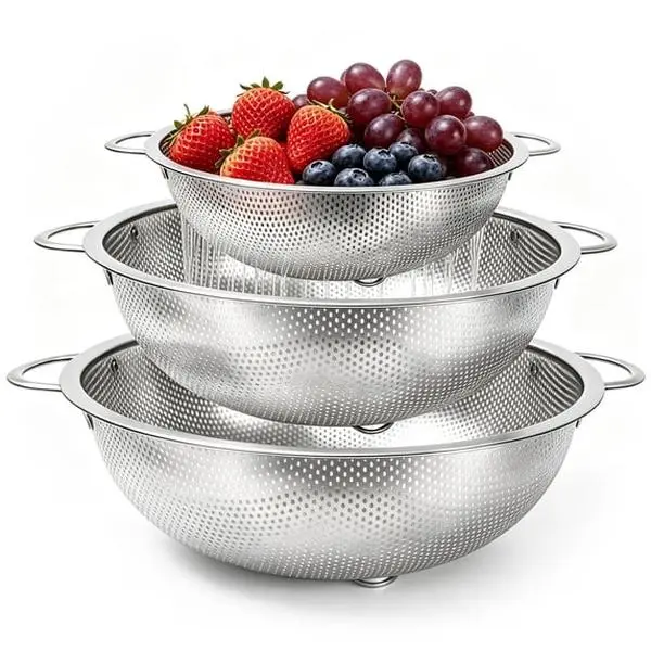 Specialty Hand Tools 3-Piece Rust-Resistant Stainless Steel Micro-Perforated Hole Colander Set with Handles, Kitchen Drainer for Pasta & Fruit Draining, Food Prep Tool