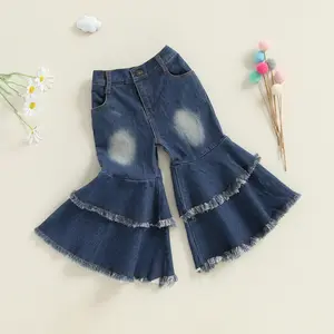 Toddler Baby Girl Flare Pants Solid Denim Ripped Jeans Ruffle Wide Leg Legging Trousers Little Girls High Waist Bell Bottoms