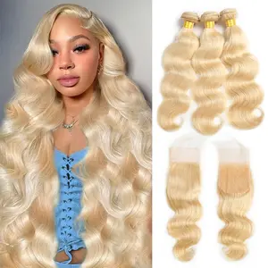 613 Bundles With Closure Human Hair Bundles With 4×4 Closure 30inch Blonde Body Wave Bundles Human Hair 613 Quick Weave Bundles Blonde Straight Human Hair Bundles