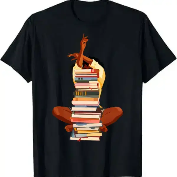 Men's Classic T-Shirt with Afro Woman & Books Print, Soft Breathable Fabric, Shortsleeve Menswear Style with Reinforced Hem, Regular Fit, Double-Stitching, Round, Clothes, Casual, Round Neck, Top, Tshirt, Breathable Cotton Helps You Stay Cool, Classic Cre