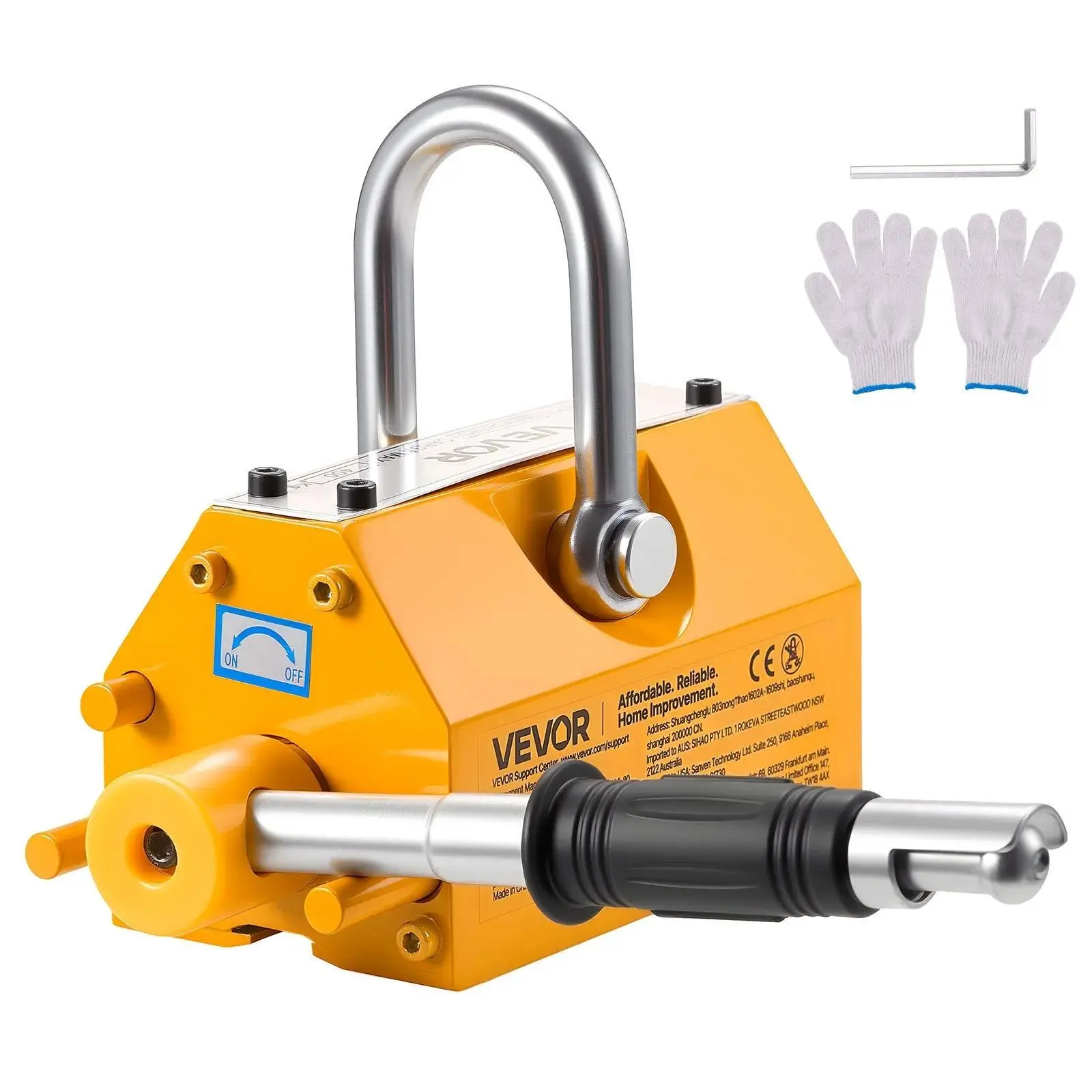 VEVOR Industrial Permanent Magnetic Lifter, 880 lbs Power Pulling Capacity, High-Grade N42 Neodymium Magnet, 2.0 Security Factor, Impact-Reducing Handle, Flexible Switch, Chrome Steel Hook, Rubber-Coated Engineering Tool for Shop Crane, Hoist