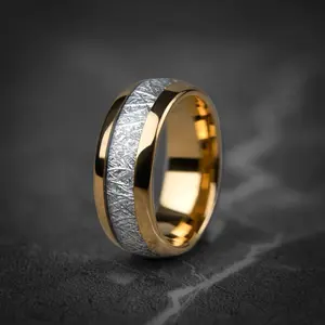 Mens Gold Tungsten Meteorite Ring 8mm Wedding Band with Unique Texture Design, jewels for men