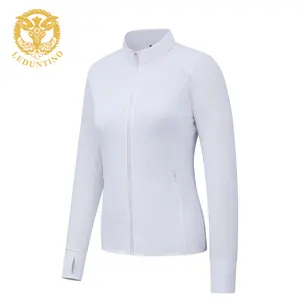 LEDUNTINO Women's Fitted Crew-Neck Yoga Fitness Hoodie Jacket in Cream Color with Long Sleeves and Zipper Closure for Yoga and Fitness Activities