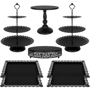 8 Pcs Cake Stand Black Dessert Table Display Set, 3-Tier Cupcake Stand, Cake Display and Cookie Tray Rack Serving Tray for Birthday, Weddings, Baby Shower (Black)