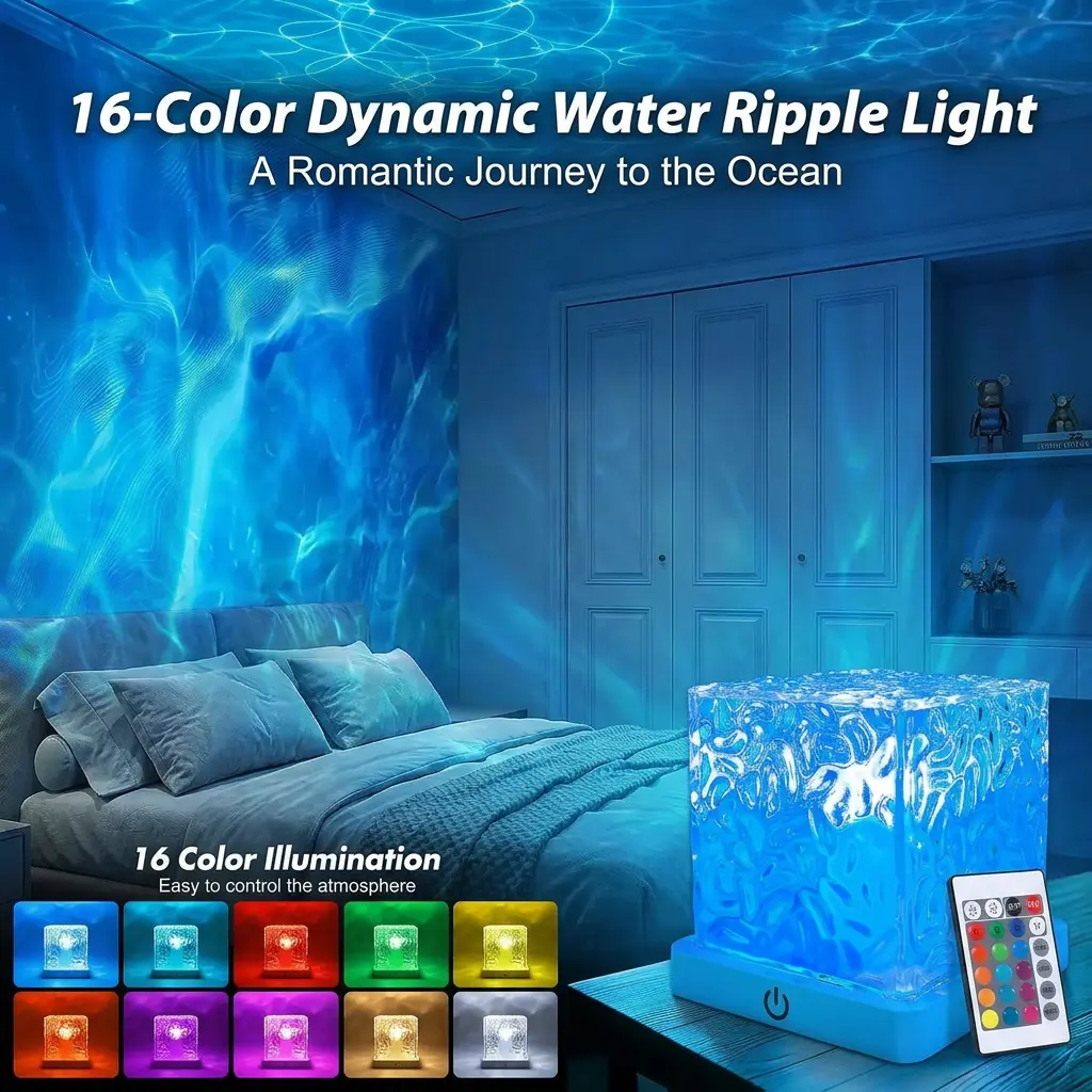 Rechargeable Shower Light 16 Color Changeable Ocean Wave Projector Dimmable Waterproof with Remote Rotating Flame Water Ripple Lamp for Bathroom Bedroom Decor, Decorative Atmosphere Lamp, Colorful Lights, Multifunction Rgb Colors, Light-Up Led Decorative