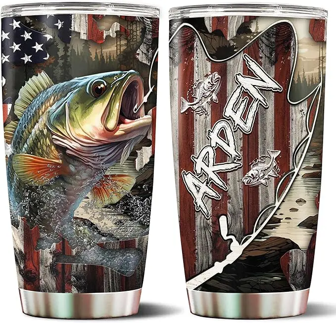 Personalized Fishing Tumbler 20oz, Stainless Steel Insulated Travel Mug with Lid, Custom Fisherman Coffee Cup, Fishing Gift for Men, Dad, Husband