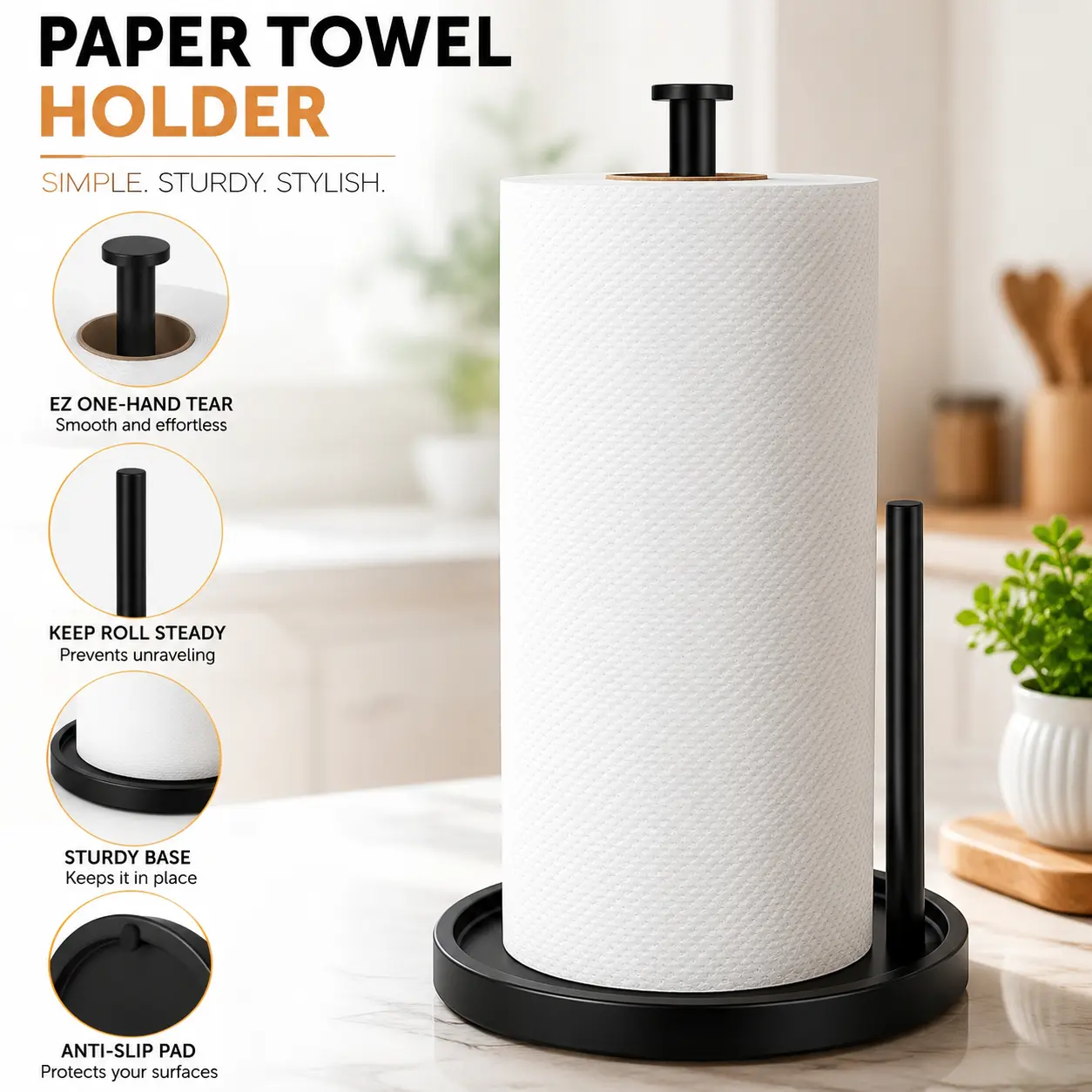 Freestanding Paper Towel Holder – Weighted Non-Slip Base, Matte Black