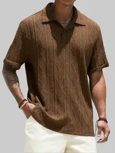 ZAFUL Men's Geometric Lace Openwork Jacquard Textured Polo Collar Half Buttoned Short Sleeves T-shirt Sleeve Button Down Shirt