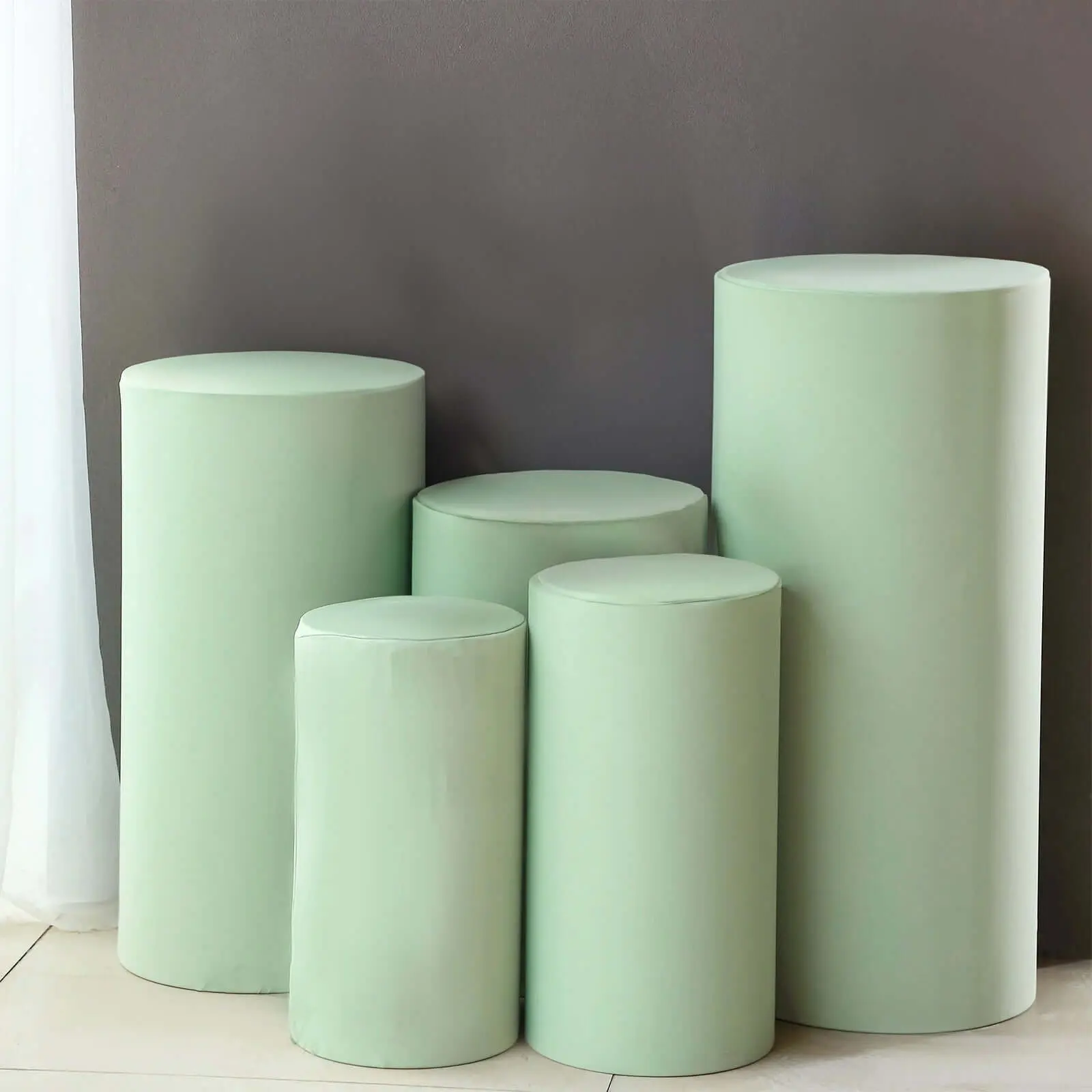 Sage Green 160 GSM Spandex Fabric Covers - Set of 5 Decorative Cylinder Pillar Prop Covers, Elastic Stretch Slipcover for Pedestal Stands, Ideal for Baby Shower Stores