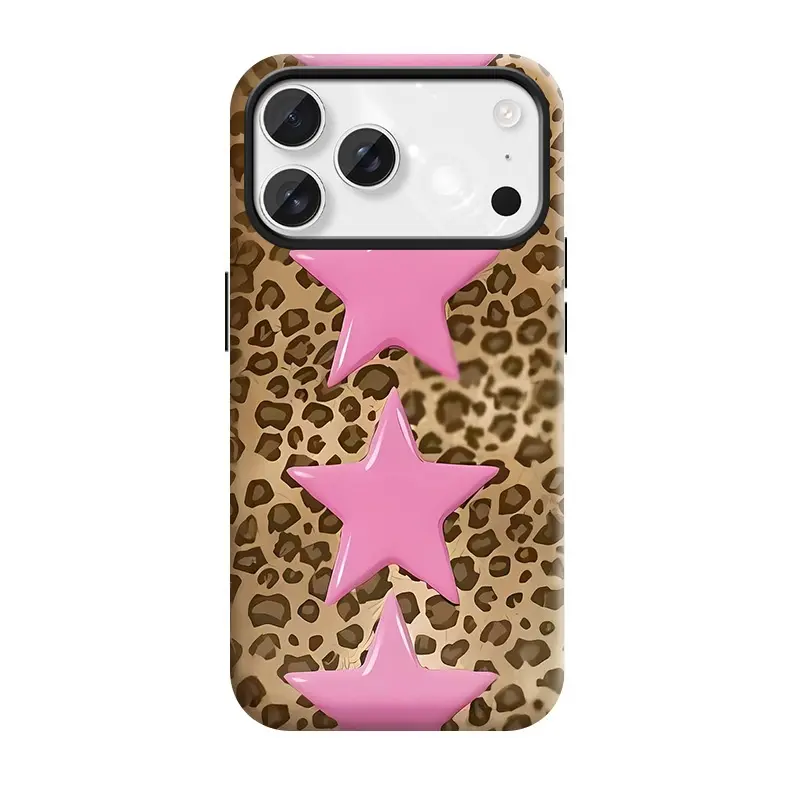 Leopard print, pink stars, suitable for iPhone17 Pro Max, 17Pro, 16Pro, 15, 14, 13, 12. Beautiful phone case |     Shockproof protective case |     Smart phone case, a gift for girls