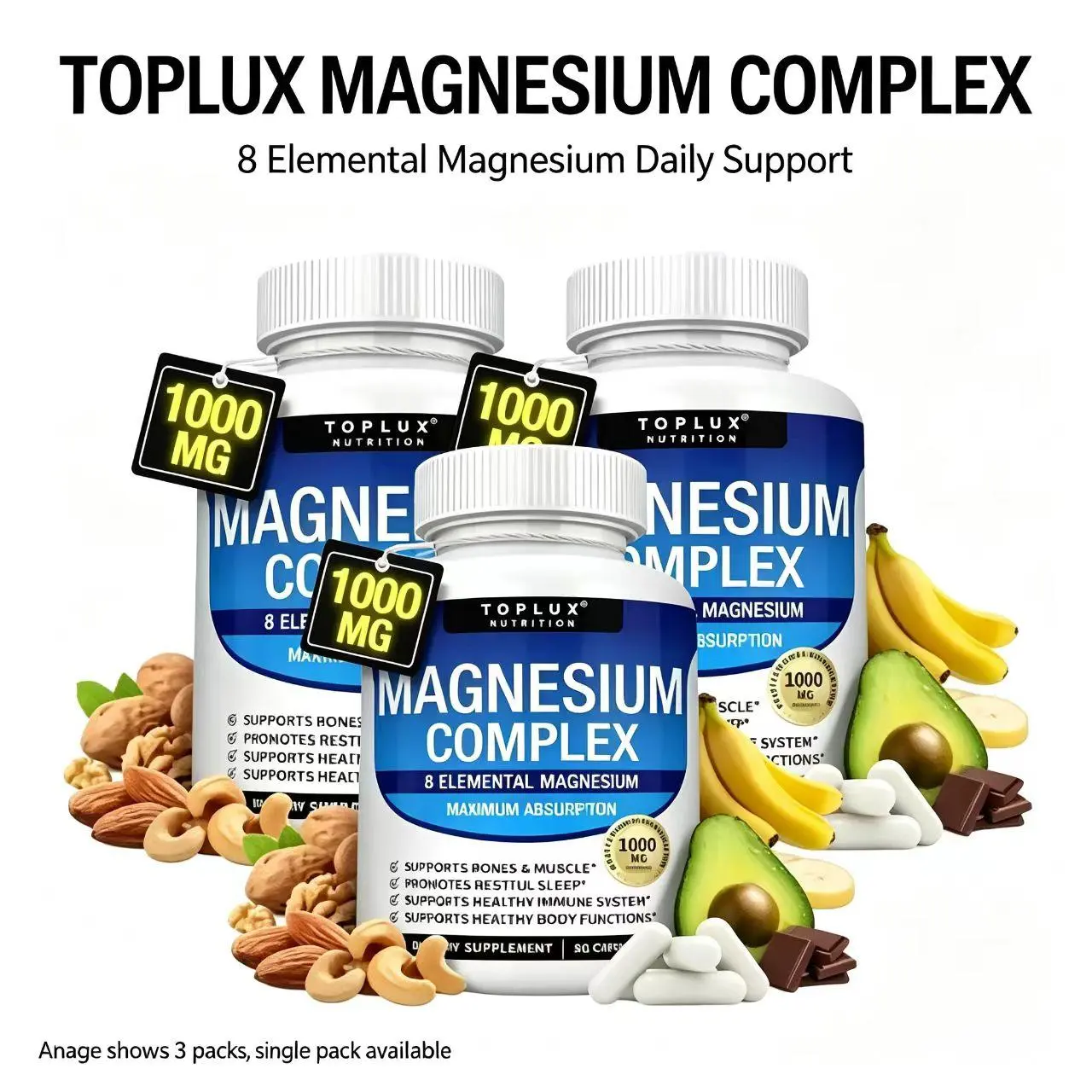8 in 1 Full Spectrum Magnesium Complex Supplement 1000mg Chelated Magnesium Glycinate Citrate Malate Taurate for Maximum Absorption Muscle Recovery Bone Health Joint Support Sleep Calm Natural Energy Relief Vegan Non GMO 90 Capsules