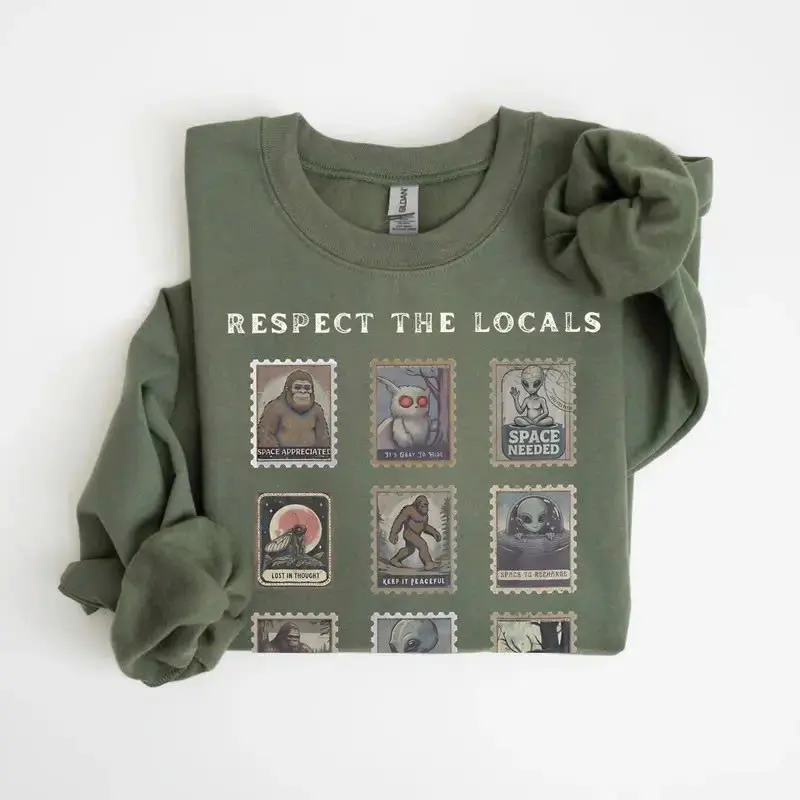 Respect the Locals Cryptid Sweatshirt/ T-shirt, Vintage Camping Graphic Crewneck, Bigfoot Mothman Alien Sweater, Weirdcore Hiking Gift