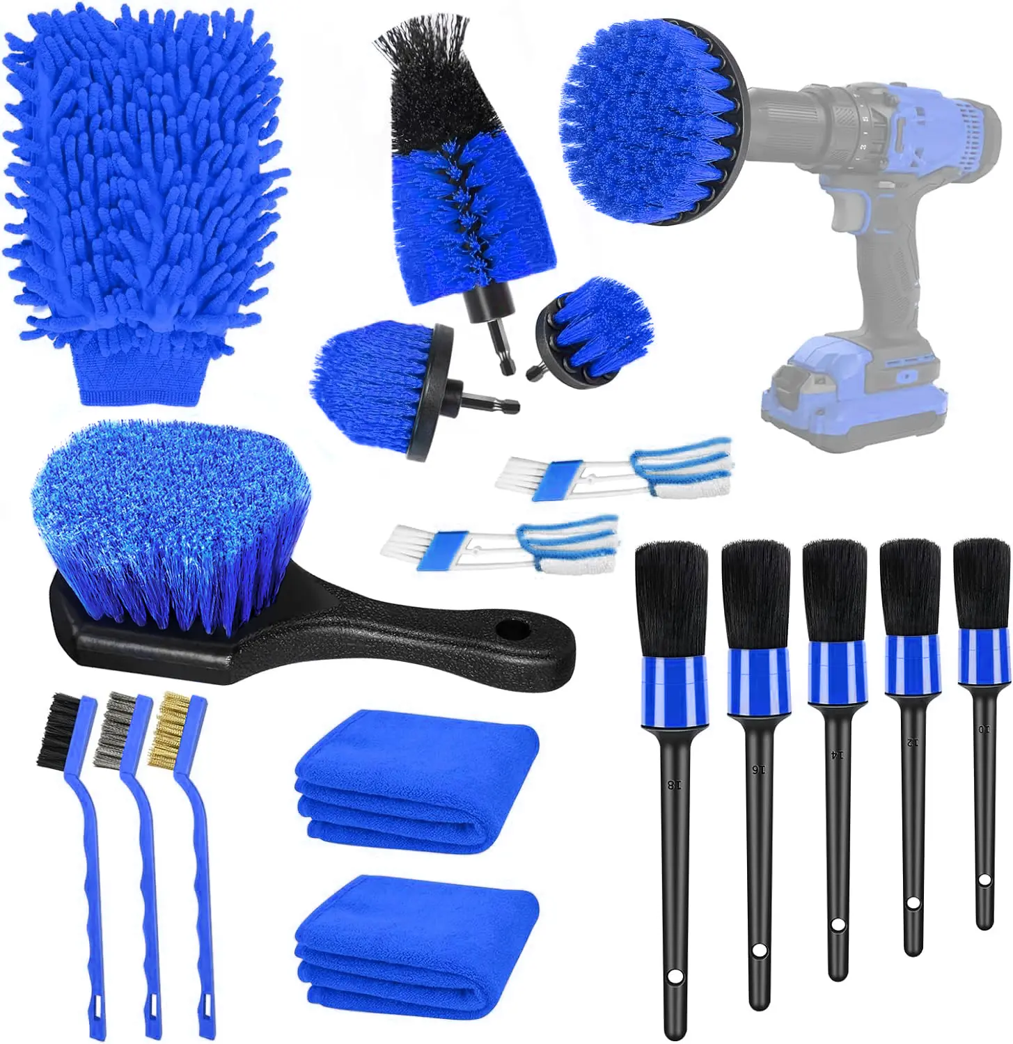 Car Detailing Kit, 18Pcs Car Detailing Brush Set, Car Cleaning Kit, Drill Brush Set, Car Detailing Brushes, Tire Brush - Car Wash Kit, Car Cleaning Tools brushes for Interior, Exterior, Wheels campingessentials