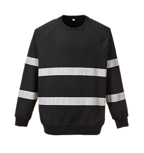 Women's Portwest B307BKRXXXL Iona Hi-Vis Crew Neck Pullover Sweatshirt - Black, 3XL, Long Sleeve, Reflective Tape, 50+ UPF Rated Cotton-Polyester Blend Shell, Ribbed Cuffs, Working Environment Use, Hi-Vis Stripe, 50+ Upf Rated Fabric