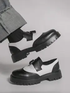 Men's and Colorblock Loafer Shoes, Thick Sole Brogue Leather Shoes, British Style Slip-On Height-Boosting Casual Shoes