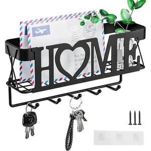Key Holder for Wall - 5 Hooks Key Rack 11.02"L×2.75"W×4.92"H, Wall Mount Key & Mail Organizer with Mesh Basket for Entryway Home Decor Matte Black