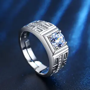 925 Sterling Silver Rings for Men Adjustable Open Band Sparkling Moissanite Signet Ring Vintage Greek Key Pattern Prom Wedding Engagement Male Jewelry Gift for Husband