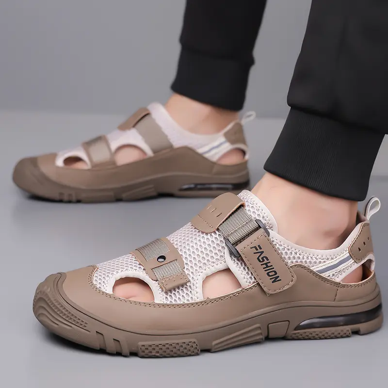 Baotou Air Cushion Sandals Men's Mesh Breathable Velcro Beach Shoes Thick Bottom Anti slip Outdoor Creeper Shoes