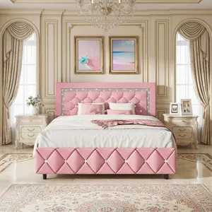 Multisize Upholstered Bed Frame Diamond Tufted Headboard & Footboard Platform Bed Twin/Full/Queen/King Size Modern Bedroom Furniture  Pearl White/Beige/Black/Grey/Pink/Purple/Green No Box Spring Needed