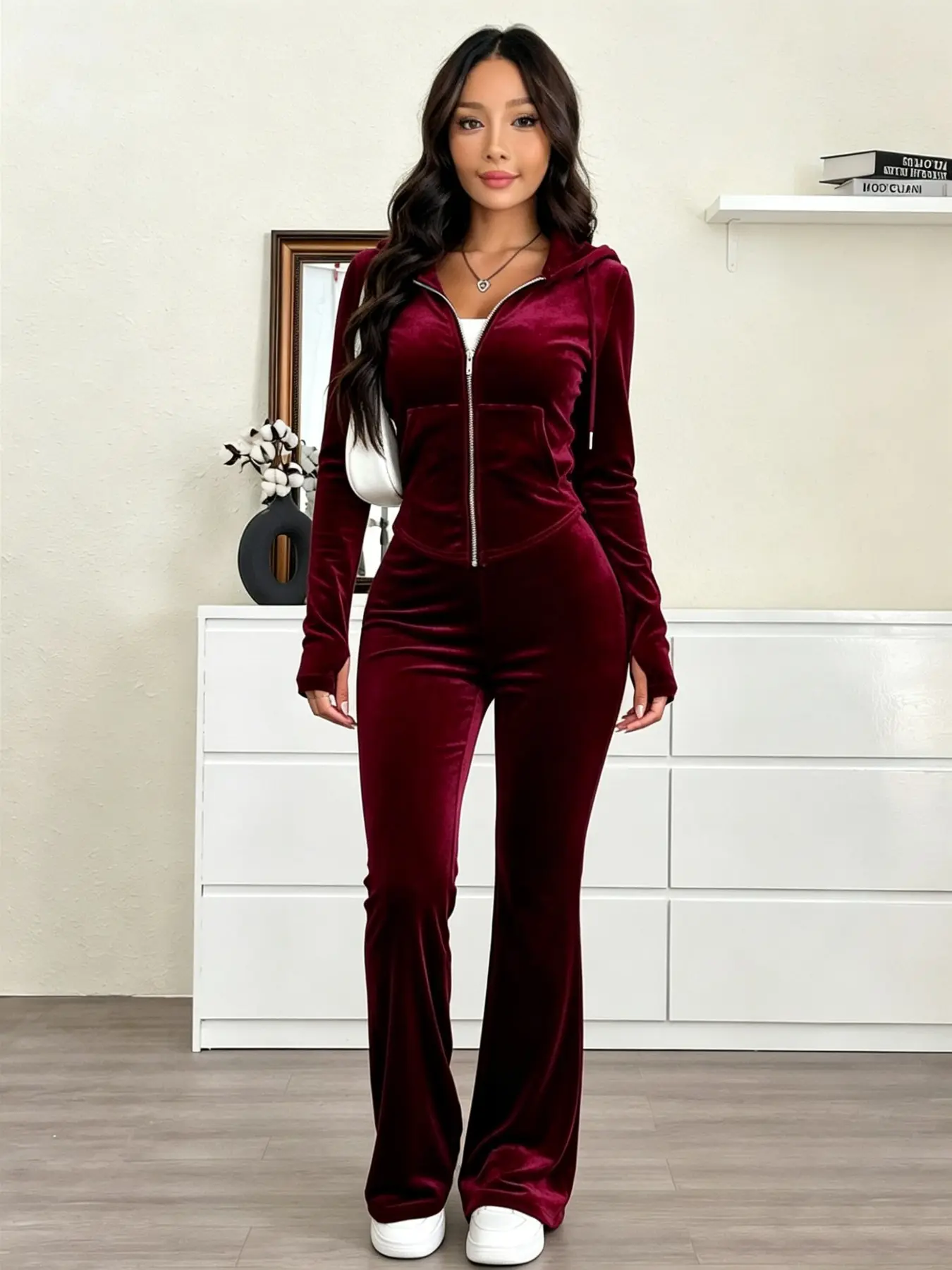 Two-piece dark velvet hoodie, Long sleeve, zip-up slim flare suit, Casual chic set, retro 'spicy girl' vibe, soft skin-friendly fabric, tailored figure-flattering cut, perfect for everyday outings, meet-ups with friends