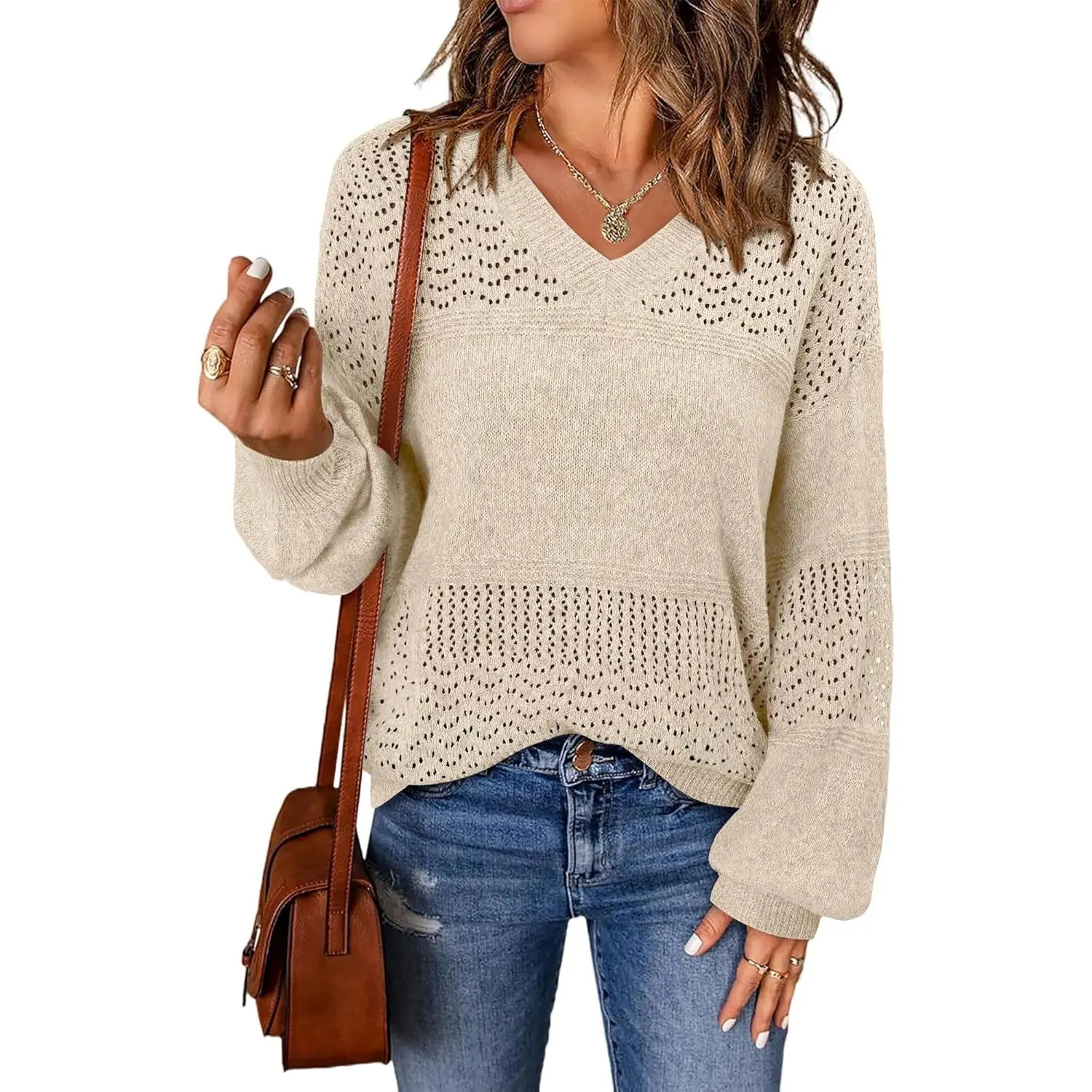 Onlypuff Pullover Sweaters for Women Lightweight Fall Fashion Tops Pullover Trendy Crochet Pointelle Sweater