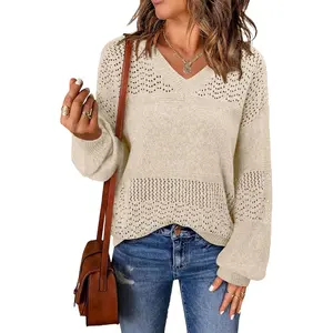 Angerella Pullover Sweaters for Women Lightweight Fall Fashion Tops Pullover Trendy Crochet Pointelle Sweater