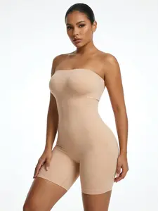 Women's Seamless Tight Fit Shapewear Bodysuit, Body Shaping Underwear, No Shoulder Strap Full Body Slimming Modest Tummy Control Dress Lining, Comfortable Minimalist Plain Lady Smooth One-Piece Short Pants