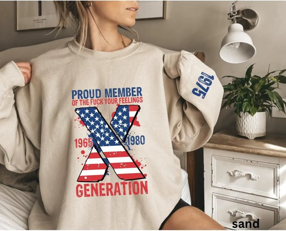 Generation X Proud Member Sweatshirt – Gen X 1965-1980 Graphic Pullover, Custom Birth Year On Sleeve, Retro American Flag Gen X Crewneck Sweatshirt