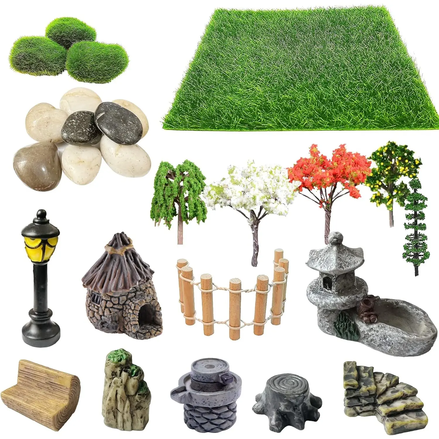 26PCS Outdoor Fairy Miniatures Kit - Zen Accessories, Artificial Grass, Model Trees, Terrarium Ornaments, Dollhouse Supplies, Bonsai Crafts, Stones, Border Fence for Home Improvement & Garden Decor, Garden Border Fence