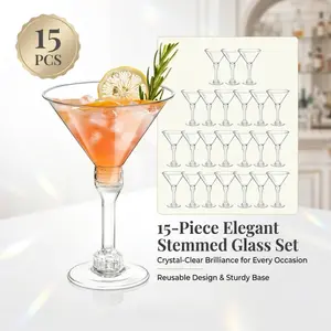 15-Piece Elegant Stemmed Martini Glass Set. Featuring crystal-clear body and sturdy base, these reusable BPA-free plastic cups are ideal for all kinds of parties.