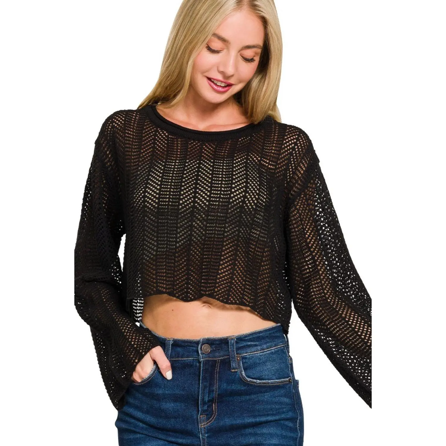 Zenana Open Knit Cropped Sweater