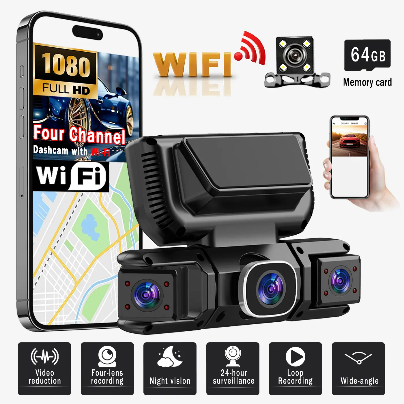 BCUOZ 360-Degree Panoramic 4-Channel Dash Cam is designed for use in vehicles. It features Wi-Fi, night vision, 24/7 recording, and parking mode monitoring, and comes with a free 64GB memory card. Car dash cam, in-car dash cam