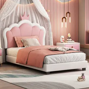 Twin Size Princess Bed with Crown Headboard, PU Upholstered Twin Platform Bed with Slat Supports, Twin Size Bed Frame, No Box Spring Needed