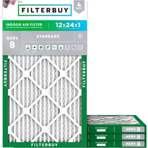 Filterbuy 12x24x1 Air Filter (4-Pack), Pleated MERV 8 Dust Defense HVAC AC Furnace Air Filters (Actual Size: 11.50 x 23.50 x 0.75 Inches)