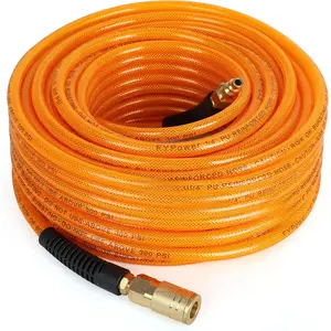 Air Compressor Hose 1/4 Inch x 100  Flexeel Reinforced Polyurethane (PU) Air Hose with Fittings, Bend Restrictors, 1/4" Industrial Quick Coupler and Plug Kit