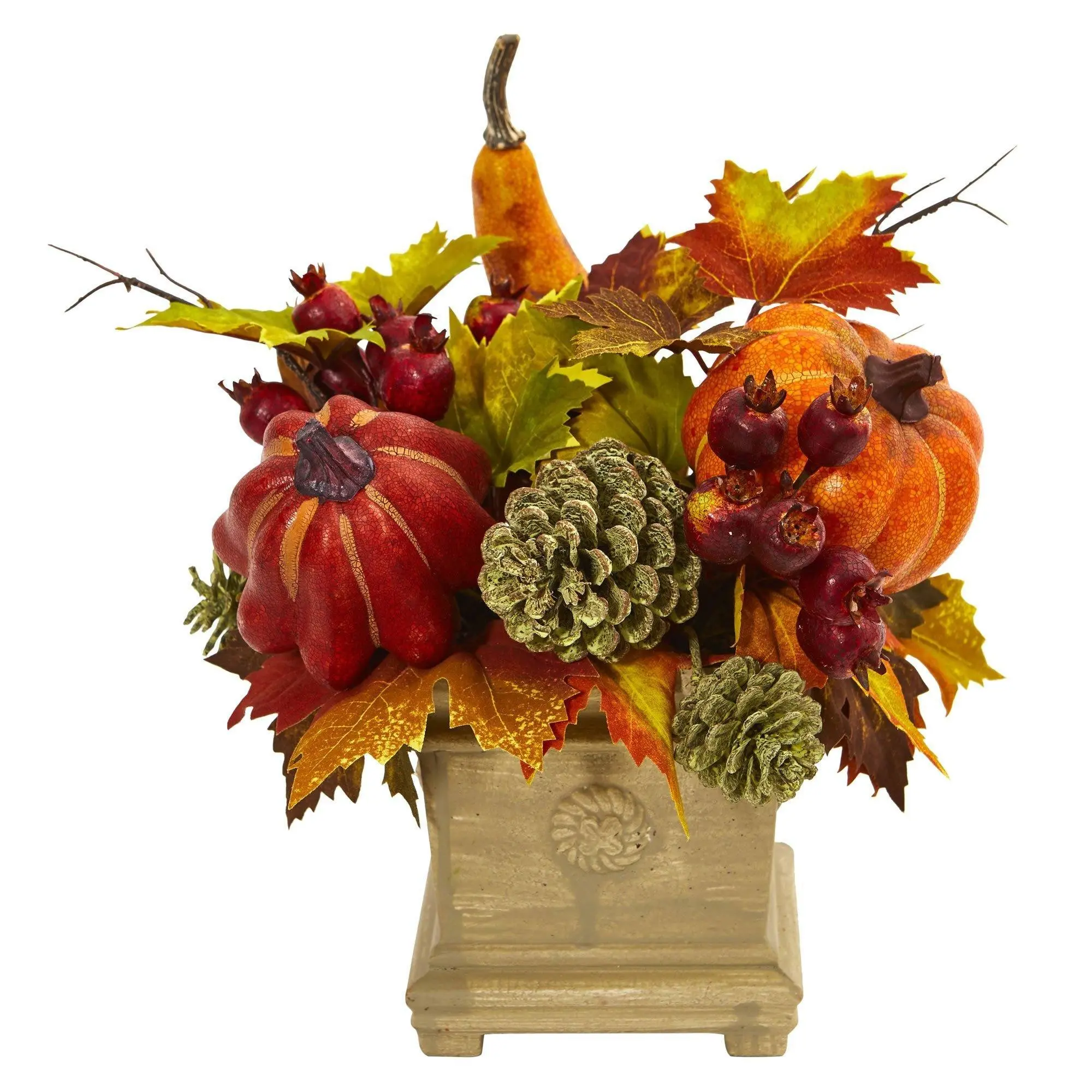 11-in Rustic Harvest Artificial Plant Arrangement - Faux Plants, Floral Decor, Faux Fruits (Pumpkin, Gourd), Berries & Maple Leaf Ornaments for Home Decor