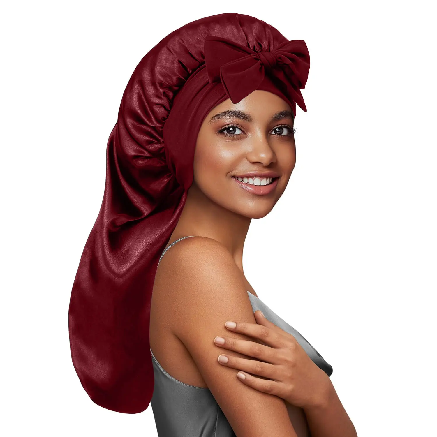 Falote Adjustable Satin Sleep Bonnet Hats - Luxury Haircare Accessory with Satin Fabric, Skin-Friendly Elastic Band, Heatless Protection for Long Hair, Curl & Blowout Preservation (Shower Cap Set Included), Adjustable Satin Bonnet