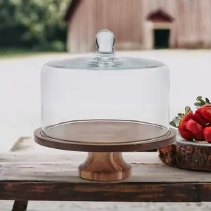 Acacia wood Footed Round Wood Server Cake Stand and Dome by Libbey