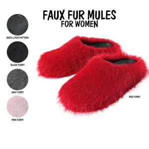 Womens Faux Fur Mules Round Toe Flat Heel Slip On Furry Fuzzy Warm Slippers Fashion Comfortable Indoor Cute Trendy Fur Slippers