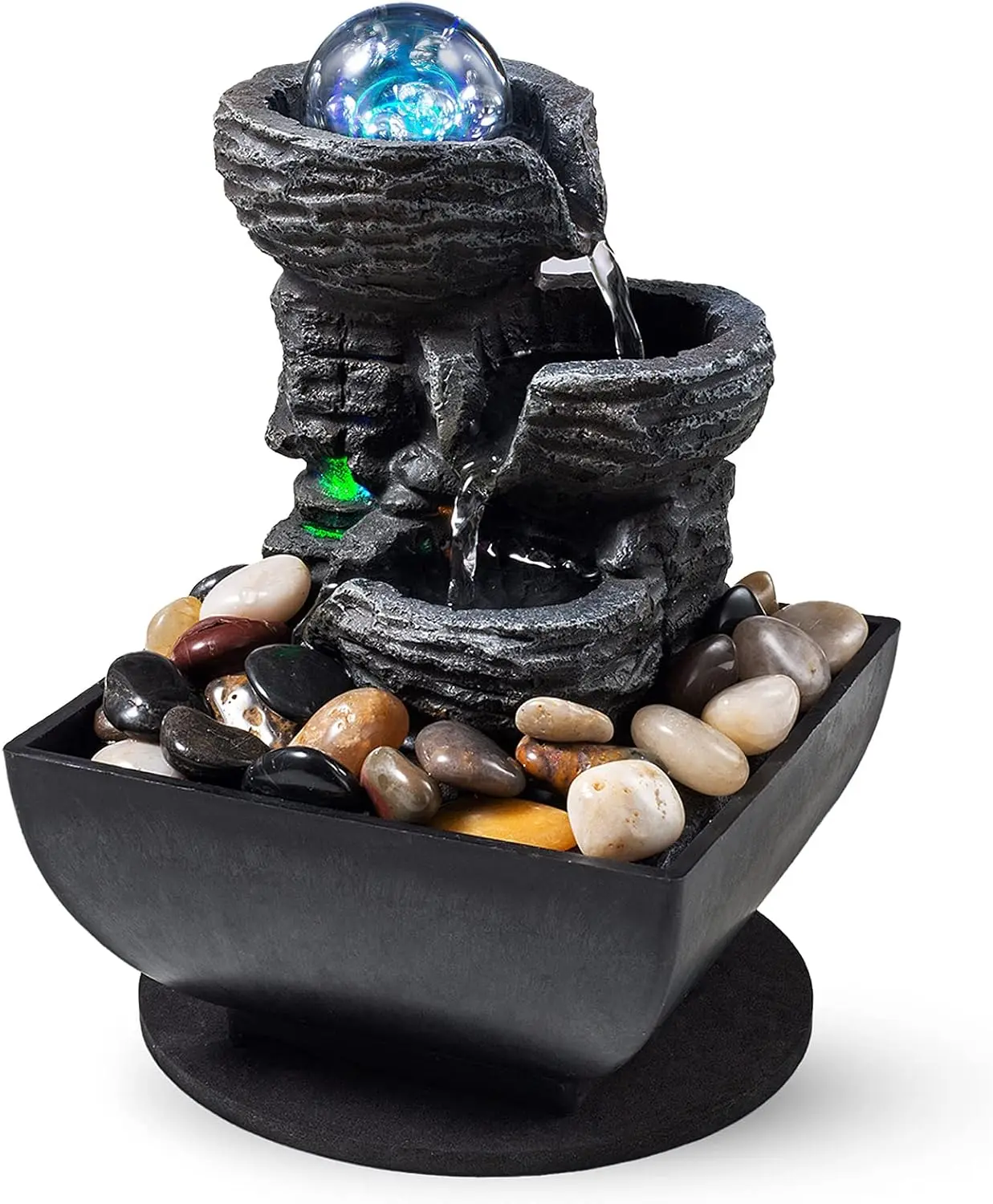 Tabletop Fountain Indoor Waterfall Meditation Fountain Like Layers of Rock Desktop Water Feature Includes Many  River Rock LED Lights Rolling Decorative Bubble Balls