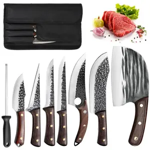 8PCS Kitchen Knives Set Serbian Chef Knife Set, Hand Forged Butcher Knife Set with Knife Bag, High Carbon Steel Kitchen Knife Set Meat Cleaver Boning Knife Viking Knife for Brisket Trimming