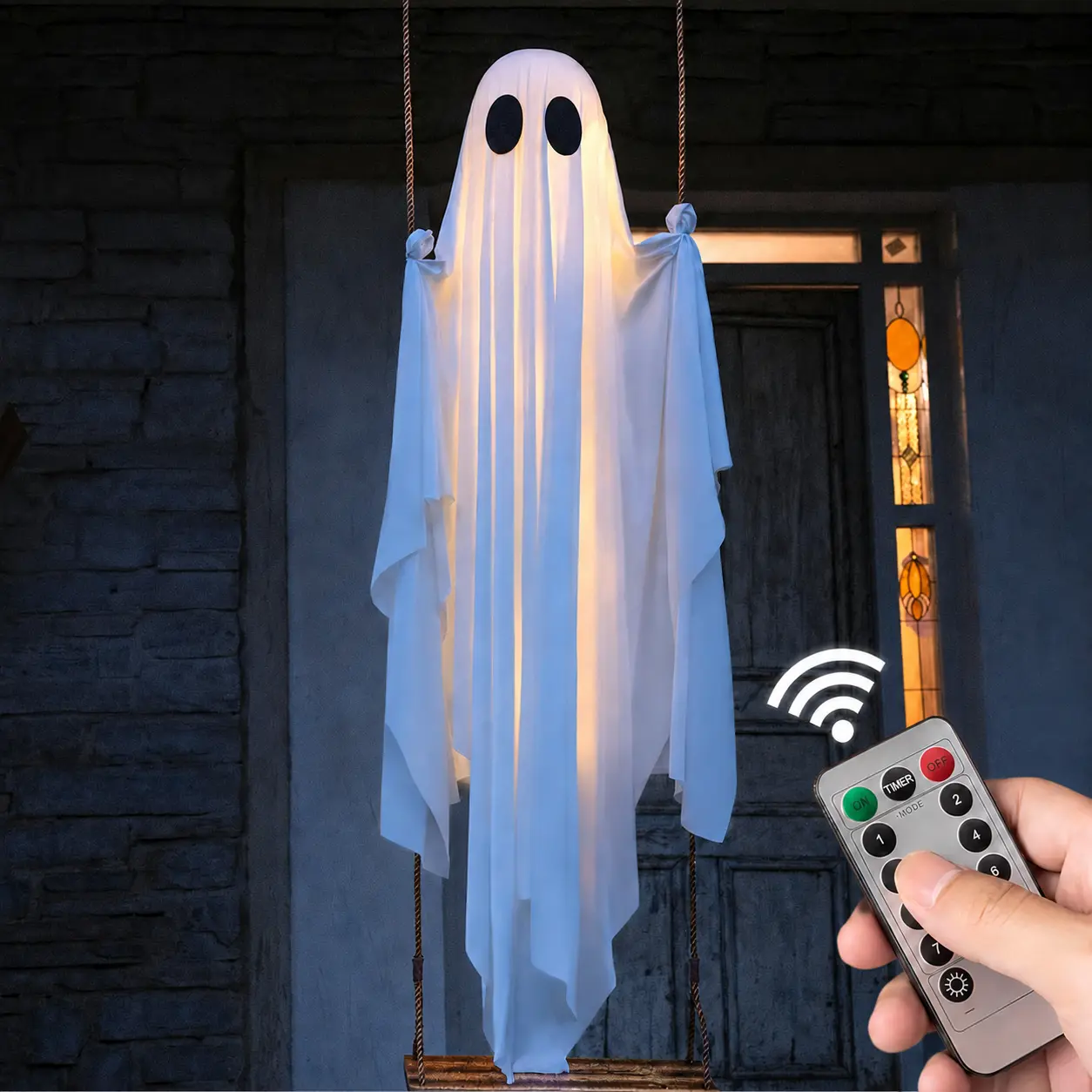 Halloween Swing Ghost Hanging Decor with Remote Control, Light Up Floating Ghost Ornament, Timer & Multi Lighting Modes, Swinging Ghost Pendant for Front Door Porch Yard Outdoor Halloween Party Decorations